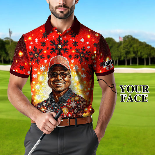 Custom Face Golf Polo Shirt – Personalized Christmas Golf Shirt for Him, Unique Holiday Gift for Golfer, Snowflake Mosaic Art Design Golf Apparel Style 13.1