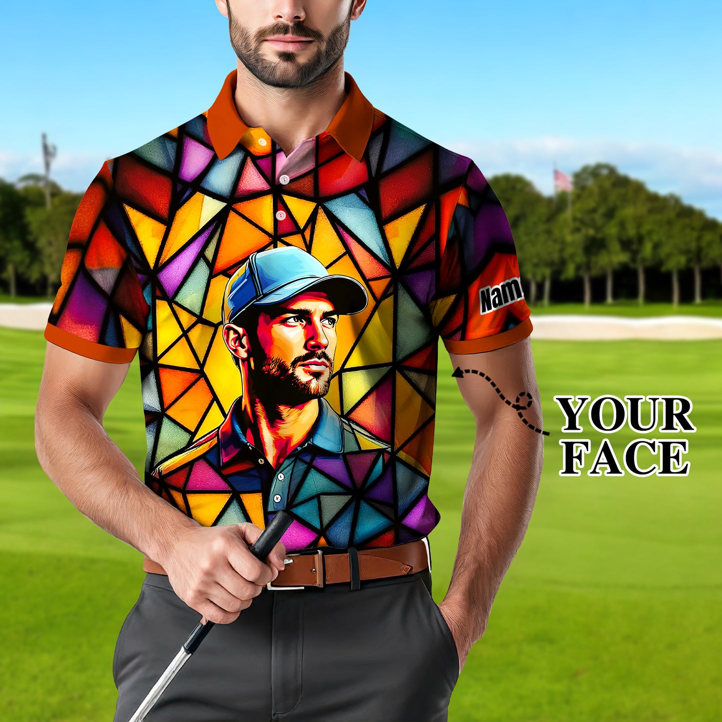 HomyGifts Men's Customized Face Artistic Golf Polo Shirt, Angular Geometric Glass Pattern, Stained-Glass Mosaic Print, Personalized Sublimation Golf Shirt, Vibrant Geometric Portrait Tee
