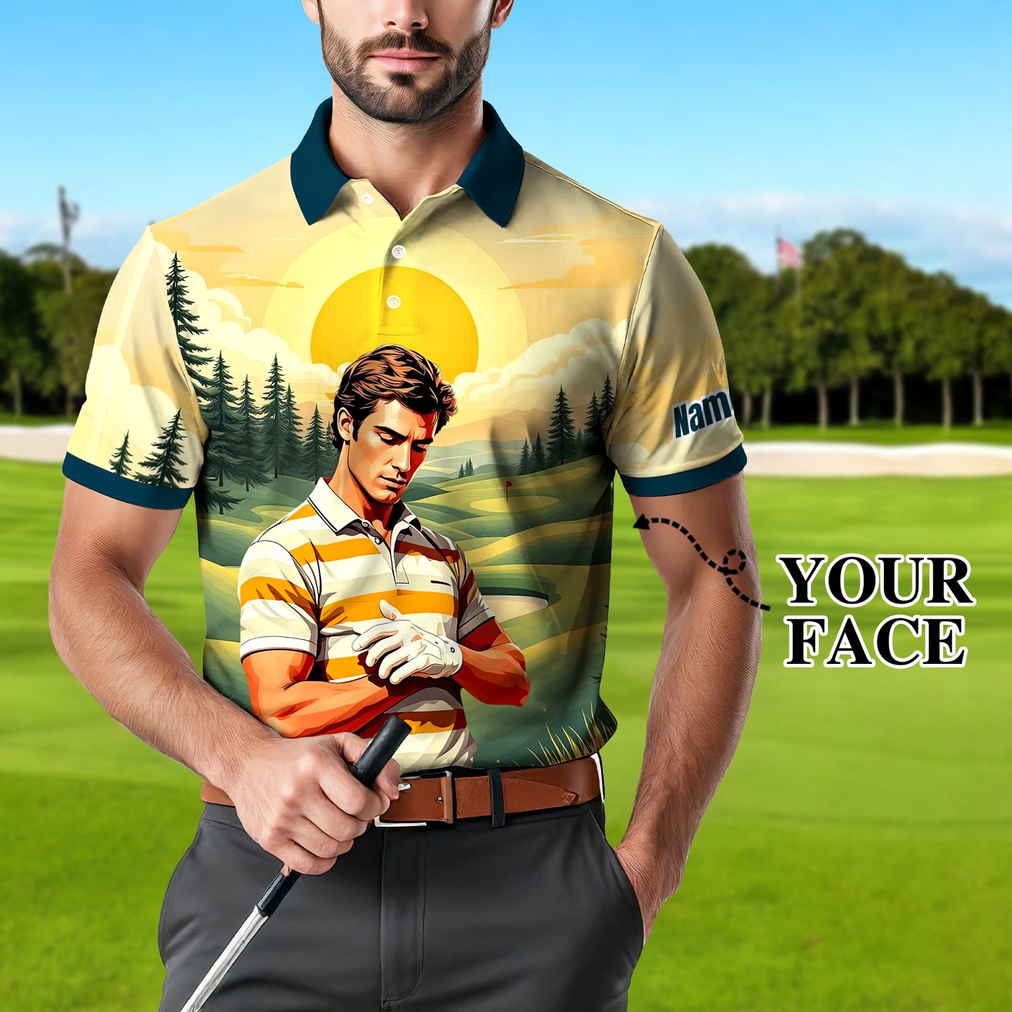 Custom Vintage Americana Golf Polo with Your Face - Retro Personalized Gift for Men Style 9