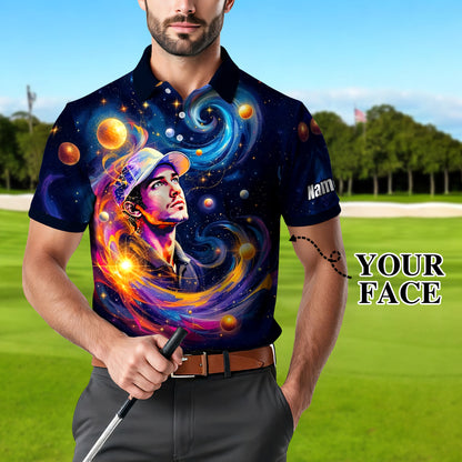 Custom Cosmic Portrait Polo Shirt – Personalized Surreal Galaxy Art with Your Face | Unique Gift for Golfers, Sports & Astrology Fans Style 3