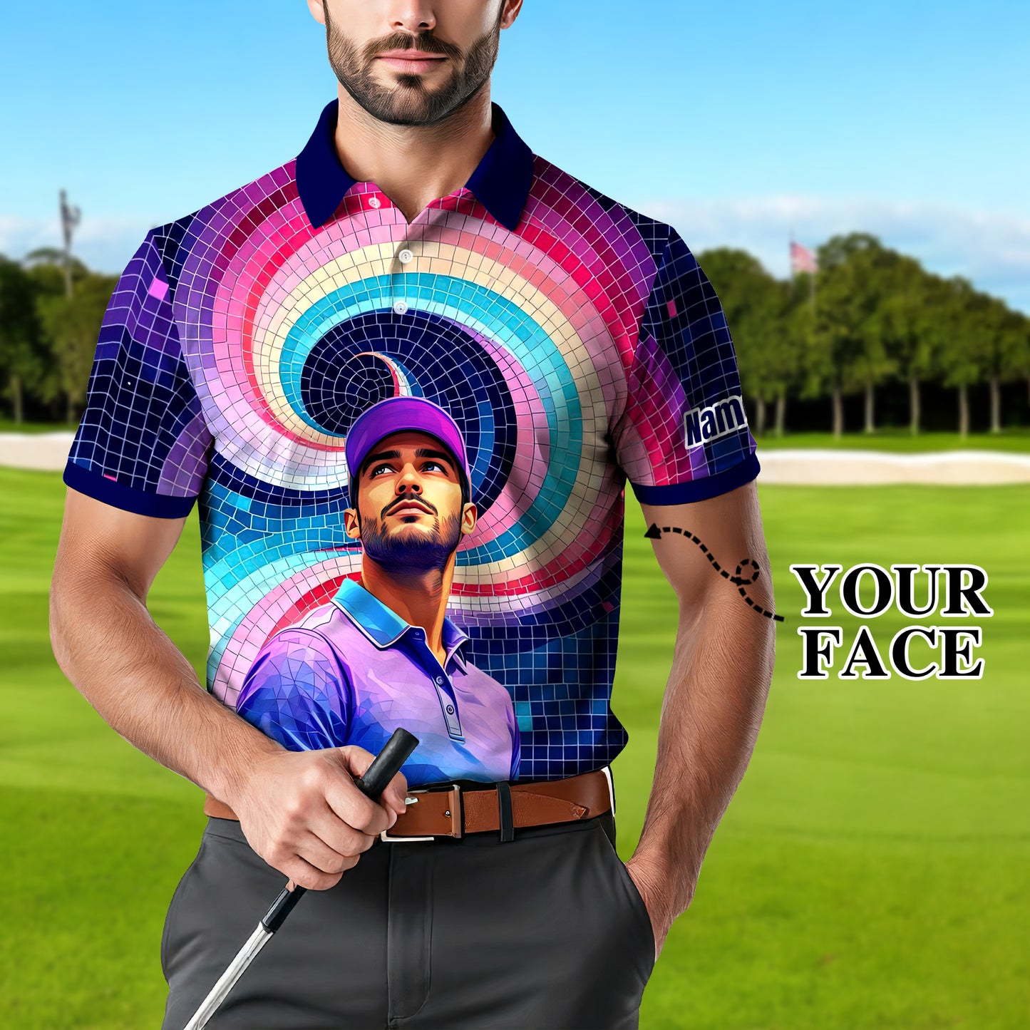 HomyGifts Men's Customized Face Artistic Golf Polo Shirt, Mosaic Art Style, Unique Personalized Golf Polo For Men