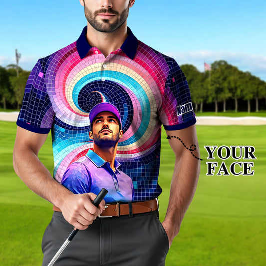 Men's Custom Face Artistic Golf Polo Shirt, Mosaic Art Style, Unique Personalized Golf Polo For Men