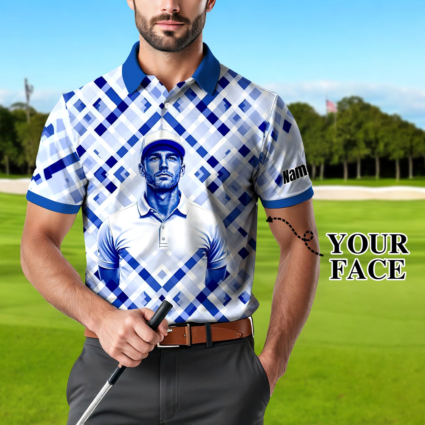 Custom Face Polo Shirt – Geometric Diamond Pattern | Personalized Photo Golf Polo | Unique Gift for Him, Retro Geometric Style Shirt Style 6