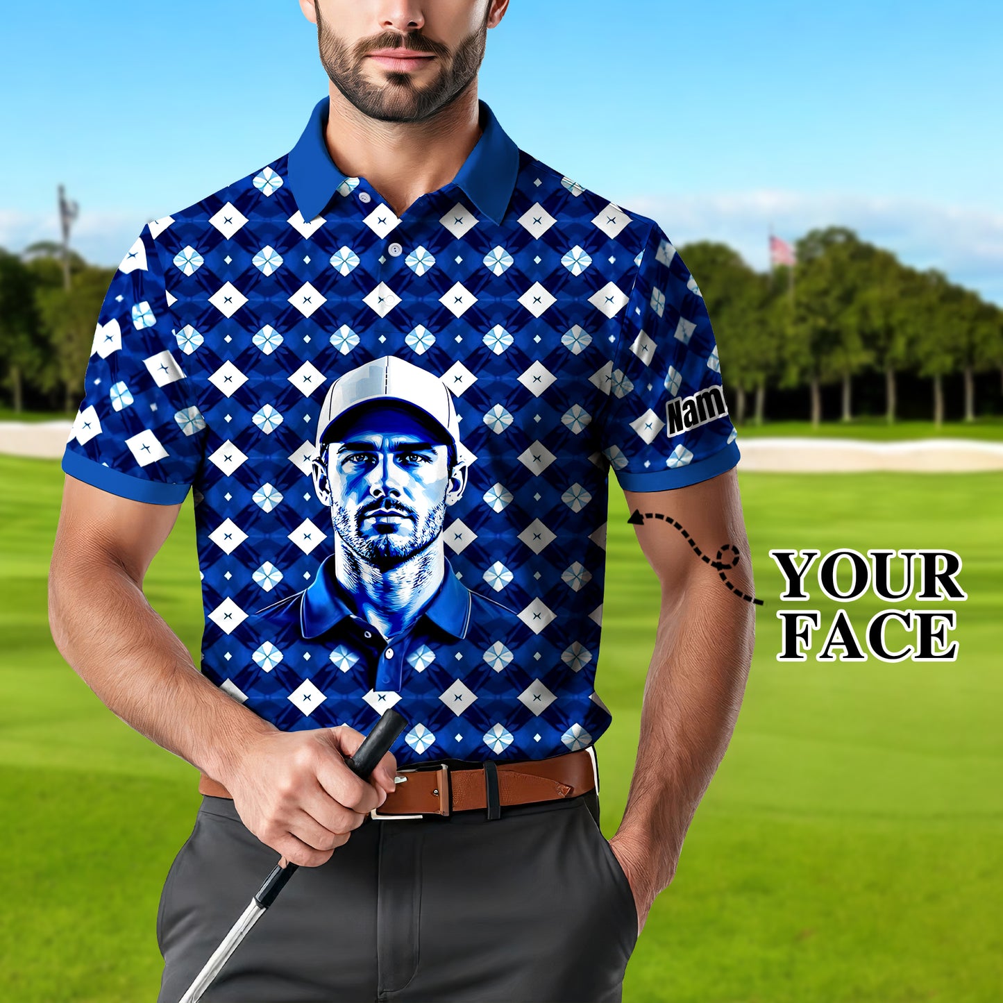 Custom Face Polo Shirt – Geometric Diamond Pattern | Personalized Photo Golf Polo | Unique Gift for Him, Retro Geometric Style Shirt Style 7
