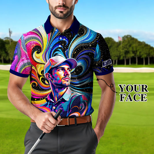 Men's Custom Face Artistic Golf Polo Shirt, Mosaic Art Style, Unique Personalized Golf Polo For Men