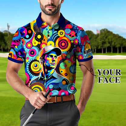 HomyGifts Custom Face Polo Shirt – Personalized Abstract Geometric Art Photo Shirt, Unique Gift for Him & Her