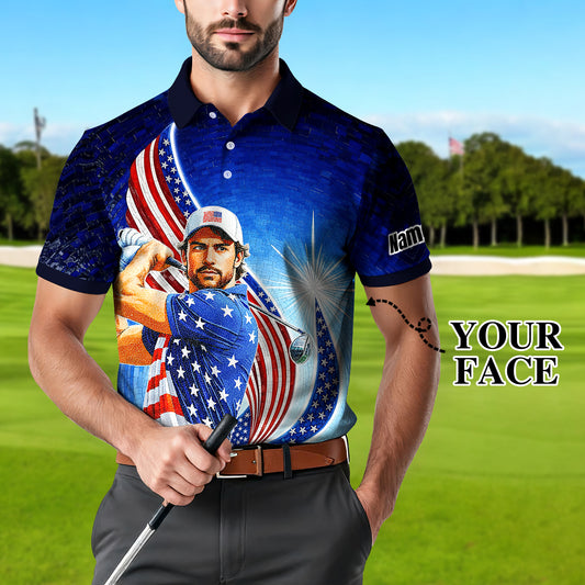 Custom Face Patriotic Golf Polo Shirt – Personalized USA Flag Design – American Pride Gift for Him – Mosaic Art Golf Shirt Style 6