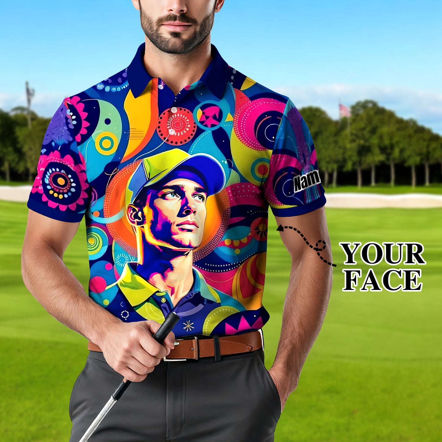 HomyGifts Custom Face Polo Shirt – Personalized Abstract Geometric Art Photo Shirt, Unique Gift for Him & Her