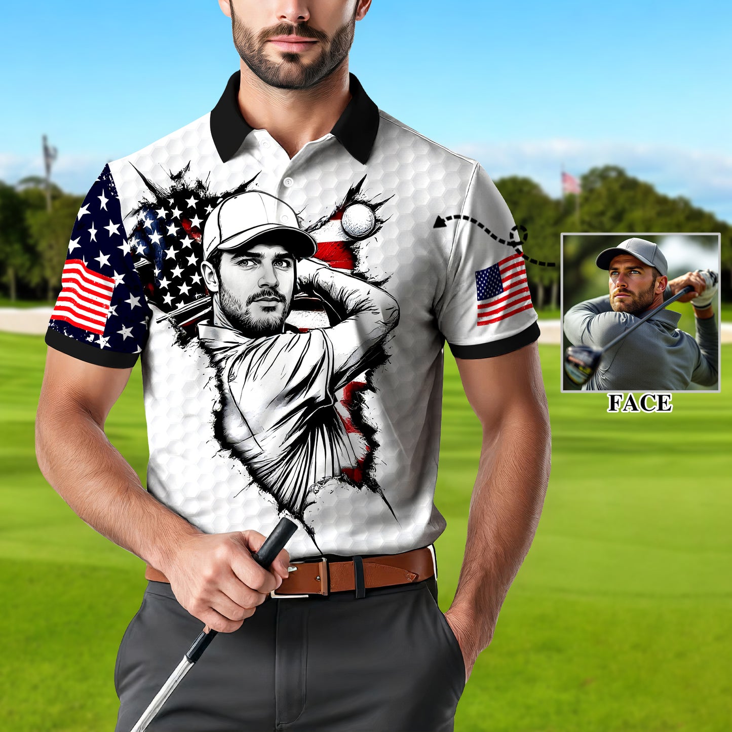 HomyGifts Men's Customized Face Artistic Golf Polo Shirt, Personalized American Flag Design, Unique Gift for Patriotic Golfers Style 12