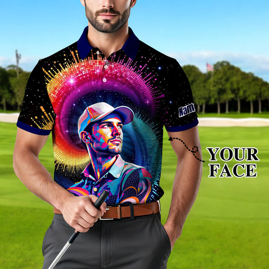 Men's Custom Face Artistic Golf Polo Shirt, Mosaic Art Style, Unique Personalized Golf Polo For Men