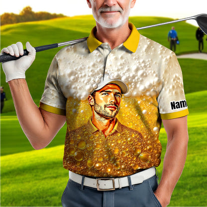 HomyGifts Men's Customized Face Artistic Golf Polo Shirt, Beer pattern Design, Special Gift for Beer & Golf Lovers, Summer Party Outfit, Unique Gift for Men Style 7