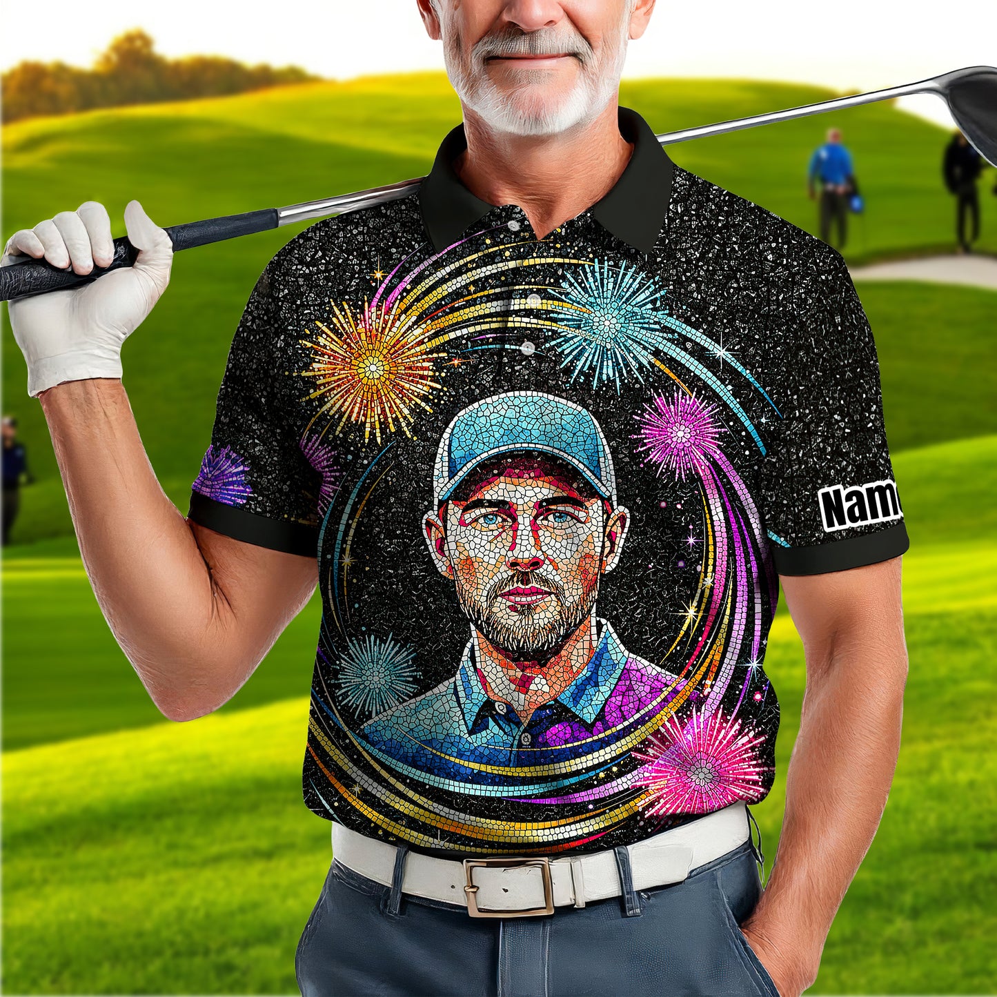 Custom Face Golf Polo Shirt – New Year Fireworks Edition | Personalized Golf Polo | Unique Holiday Gift for Him 2025 Style 5