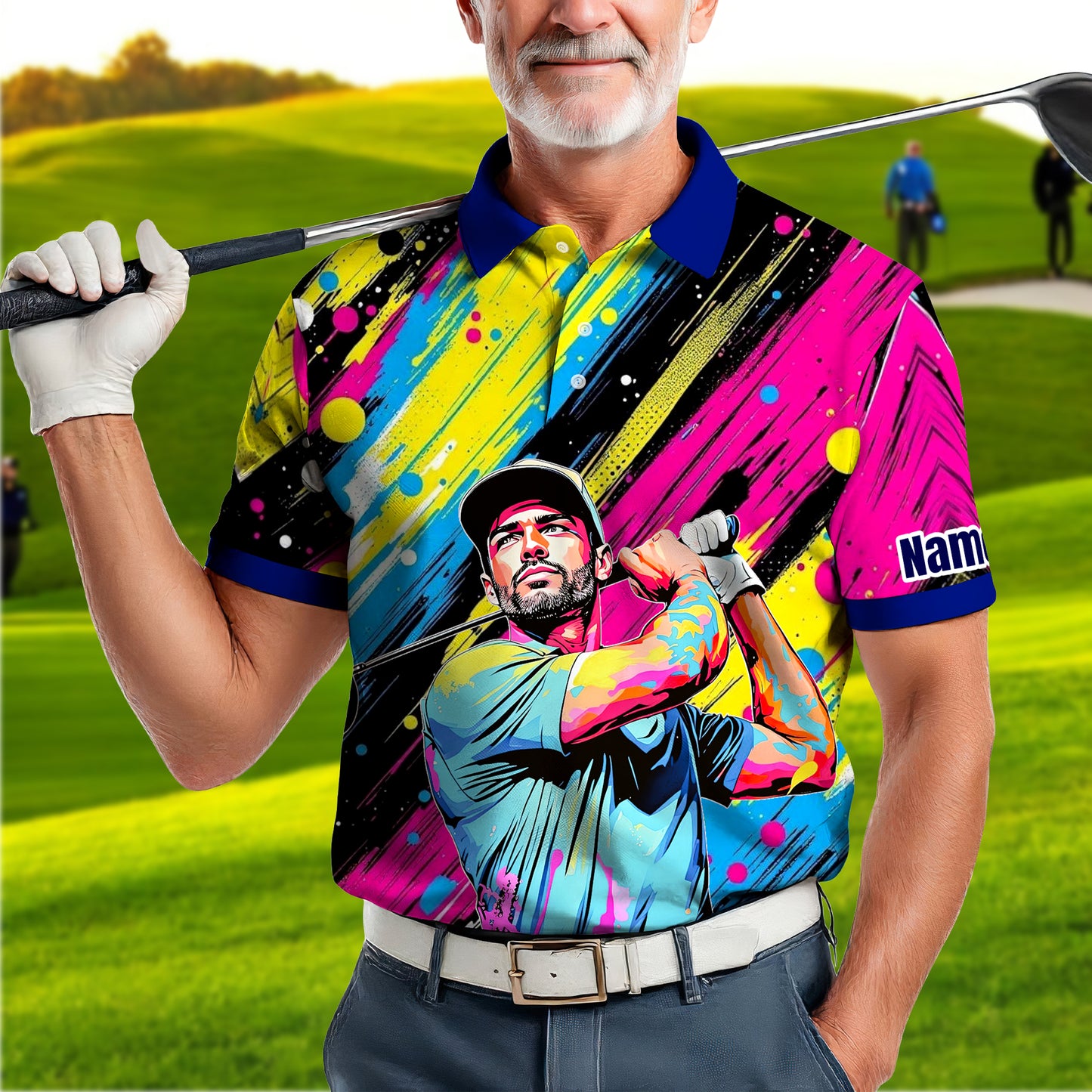HomyGifts Men's Customized Face Artistic Golf Polo Shirt, Personalized Pop Art Golf Polo, Portrait Gift for Golfers Style 17