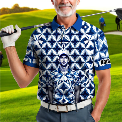 Custom Face Polo Shirt – Geometric Diamond Pattern | Personalized Photo Golf Polo | Unique Gift for Him, Retro Geometric Style Shirt Style 17