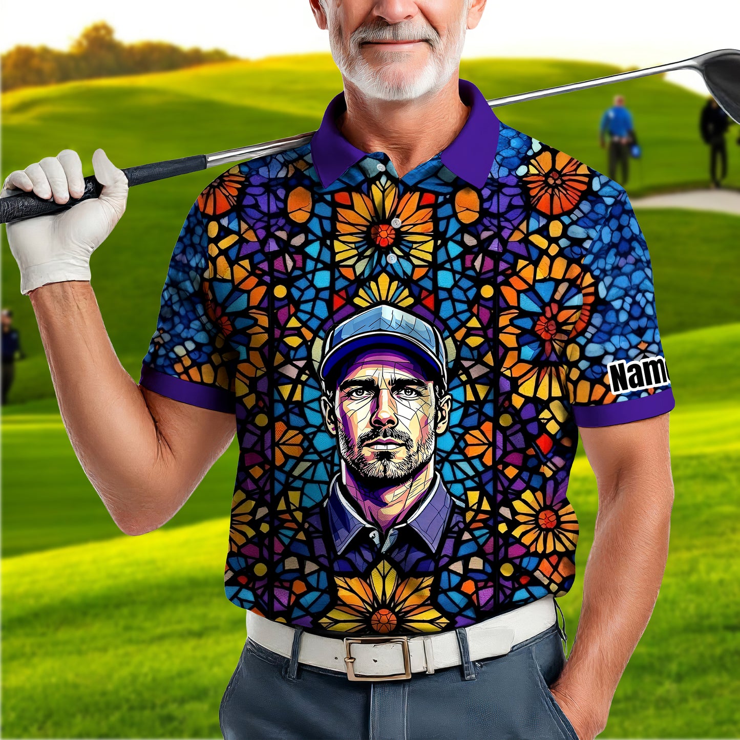 Custom Face Golf Polo Shirt – Personalized Stained Glass Art Shirt, Unique Golf Gift for Him, Colorful Abstract Golf Polo, Custom Sportswear