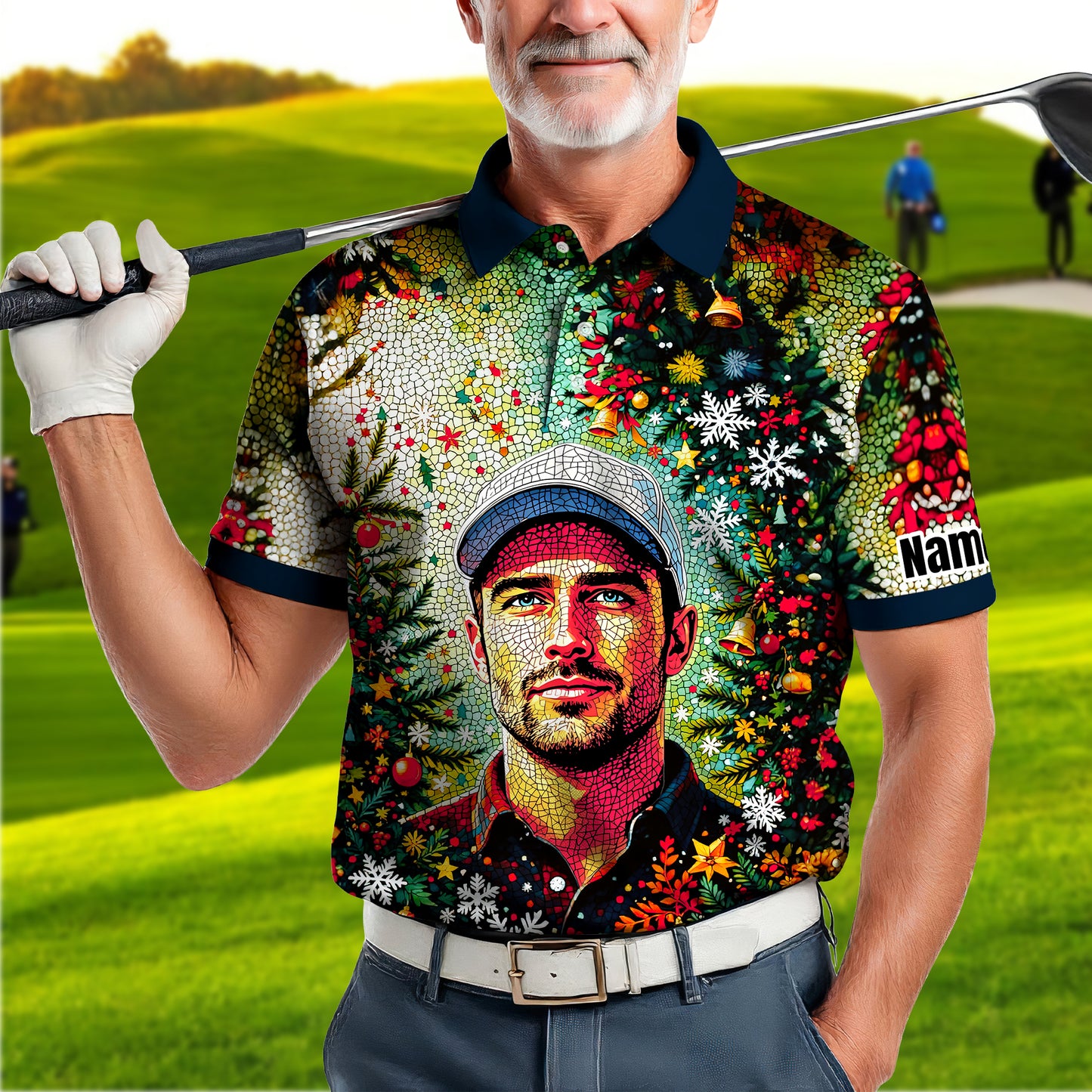 Personalized Christmas Golf Polo Shirt with Your Face – Custom Photo Holiday Shirt – Unique Mosaic Art Xmas Gift for Men, Custom Golf Apparel Style 1
