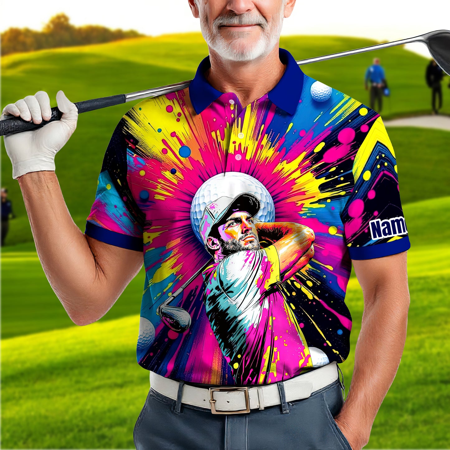 HomyGifts Men's Customized Face Artistic Golf Polo Shirt, Personalized Pop Art Golf Polo, Portrait Gift for Golfers Style 18
