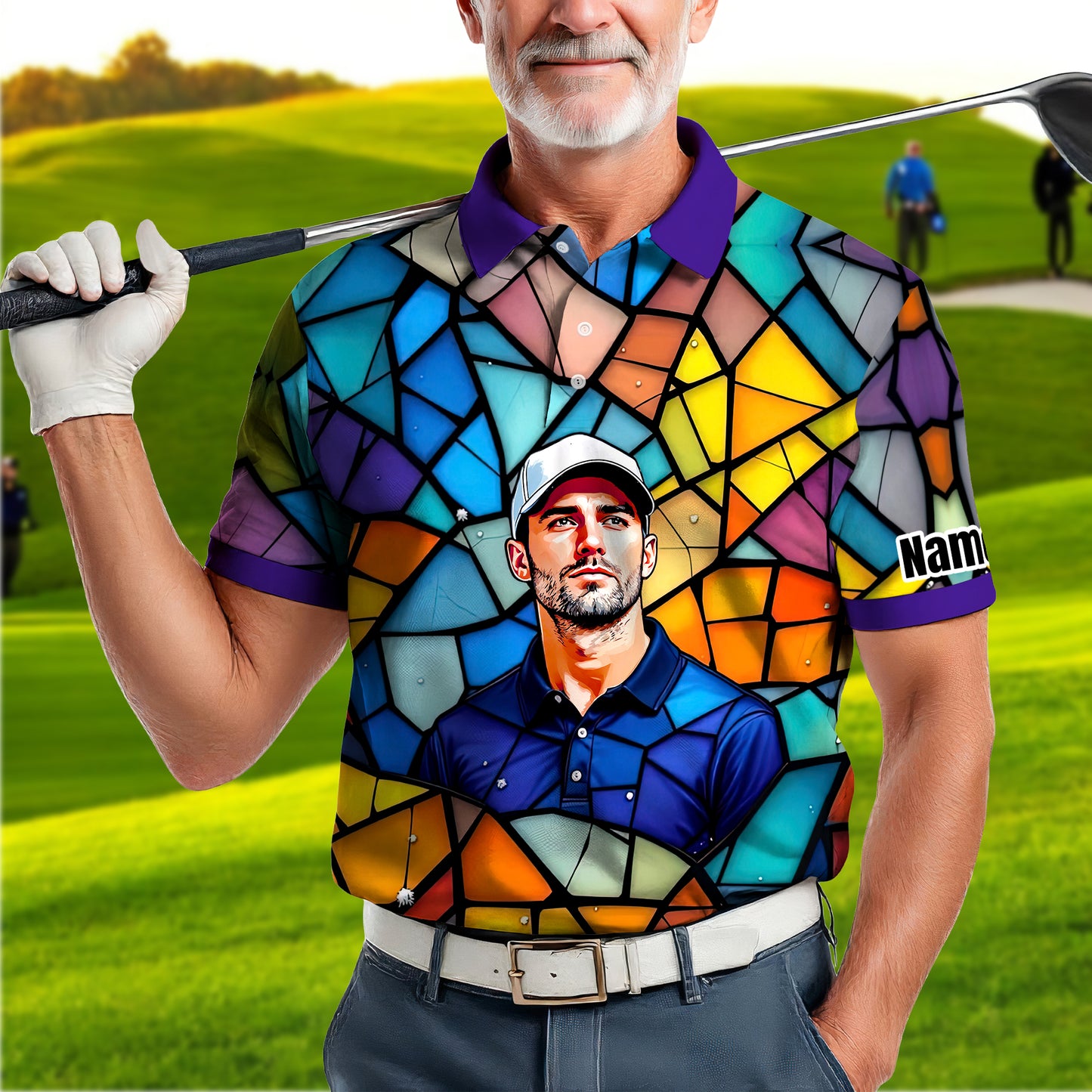 Custom Face Golf Polo Shirt – Personalized Stained Glass Art Shirt, Unique Golf Gift for Him, Colorful Abstract Golf Polo, Custom Sportswear