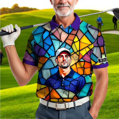 Custom Face Golf Polo Shirt – Personalized Stained Glass Art Shirt, Unique Golf Gift for Him, Colorful Abstract Golf Polo, Custom Sportswear