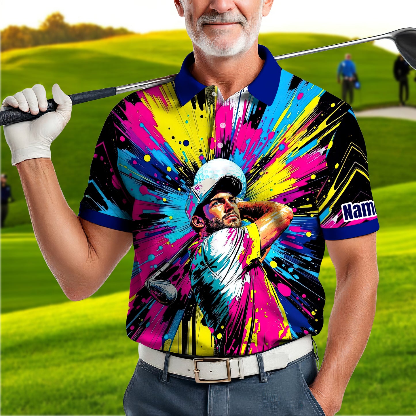 HomyGifts Men's Customized Face Artistic Golf Polo Shirt, Personalized Pop Art Golf Polo, Portrait Gift for Golfers Style 8