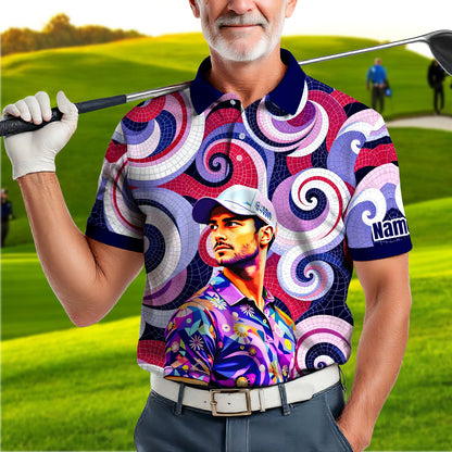 HomyGifts Men's Customized Face Artistic Golf Polo Shirt, Mosaic Art Style, Unique Personalized Golf Polo For Men Style 5