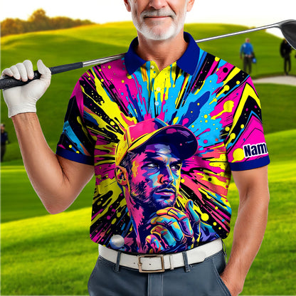 HomyGifts Men's Customized Face Artistic Golf Polo Shirt, Personalized Pop Art Golf Polo, Portrait Gift for Golfers Style 14