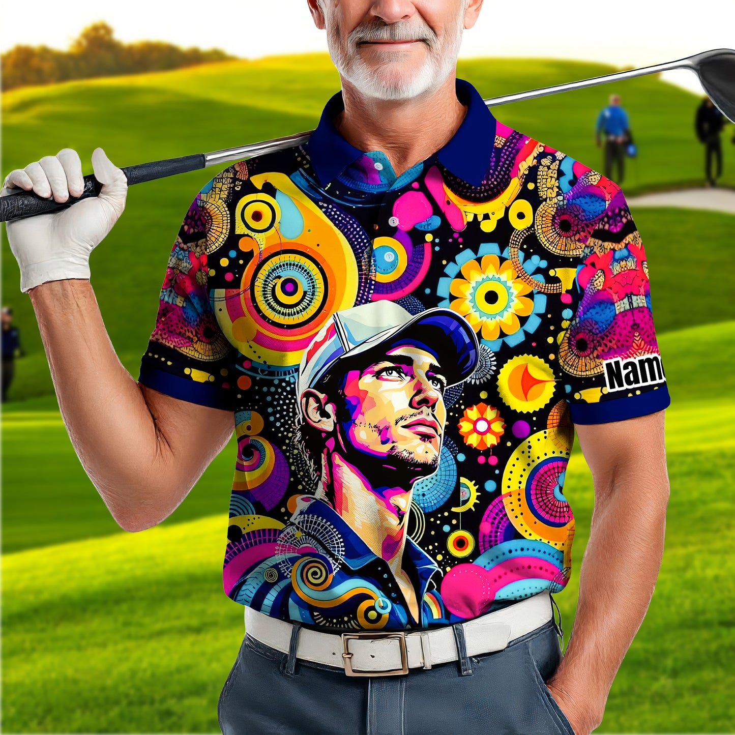 HomyGifts Custom Face Polo Shirt – Personalized Abstract Geometric Art Photo Shirt, Unique Gift for Him & Her