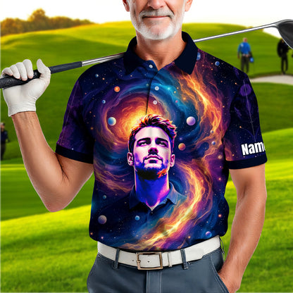 Custom Cosmic Portrait Polo Shirt – Personalized Surreal Galaxy Art with Your Face | Unique Gift for Golfers, Sports & Astrology Fans Style 7