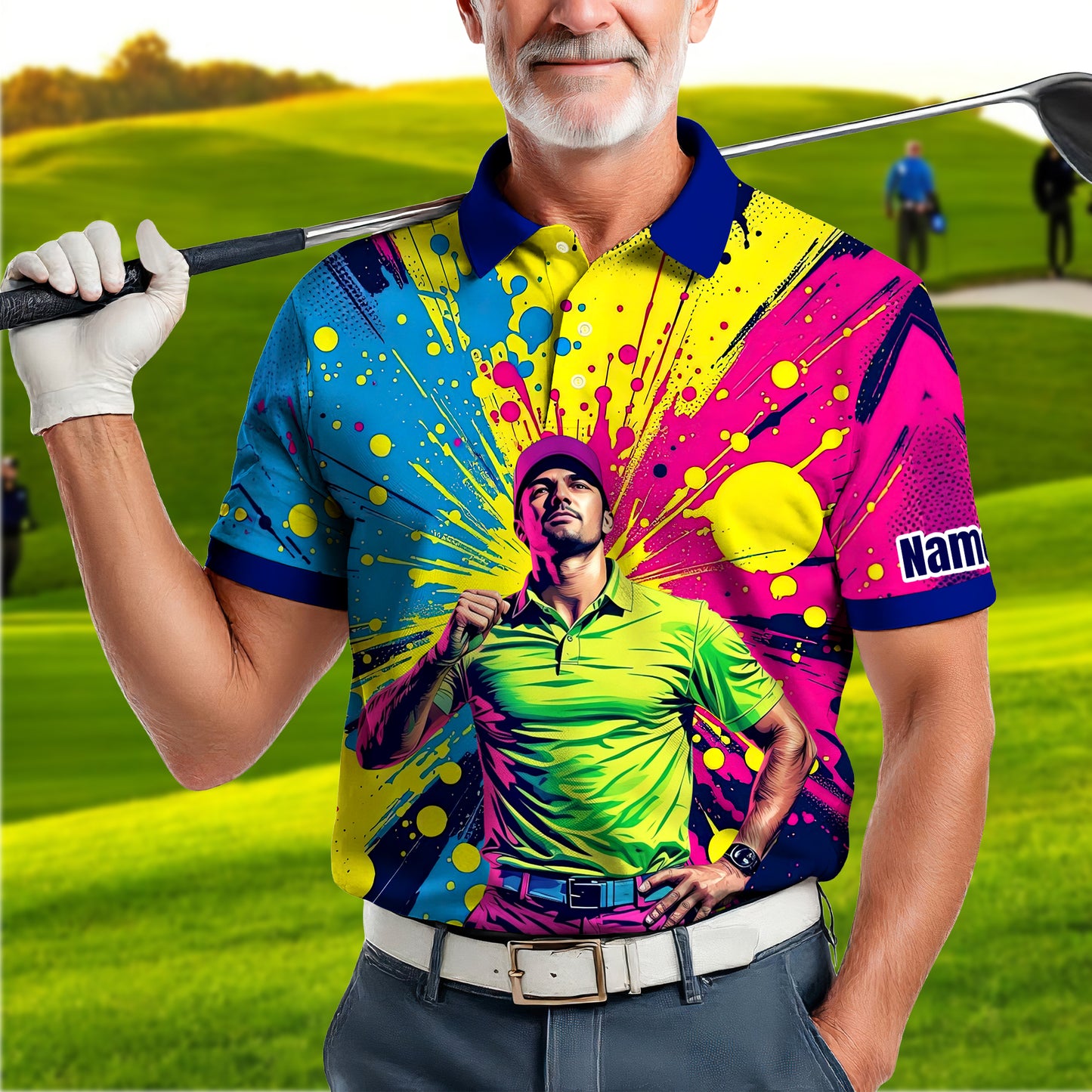 HomyGifts Men's Customized Face Artistic Golf Polo Shirt, Personalized Pop Art Golf Polo, Portrait Gift for Golfers Style 9