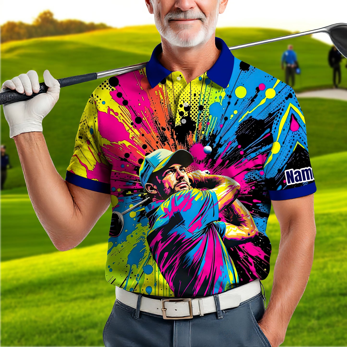 HomyGifts Men's Customized Face Artistic Golf Polo Shirt, Personalized Pop Art Golf Polo, Portrait Gift for Golfers Style 7