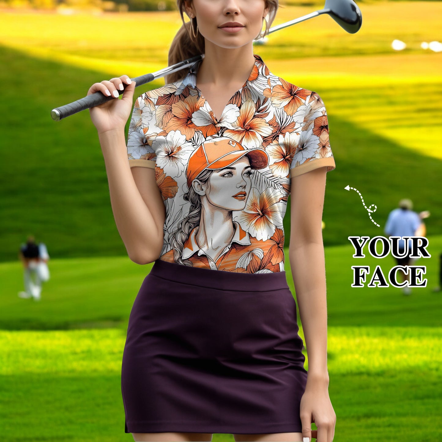 Women’s Custom Face Hibiscus Polo Shirt – Personalized Tropical Floral Polo, Unique Gift for Her, Stylish Custom Golf & Casual Wear Style 8