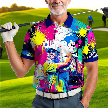 HomyGifts Men's Customized Face Artistic Golf Polo Shirt, Personalized Pop Art Golf Polo, Portrait Gift for Golfers Style 16