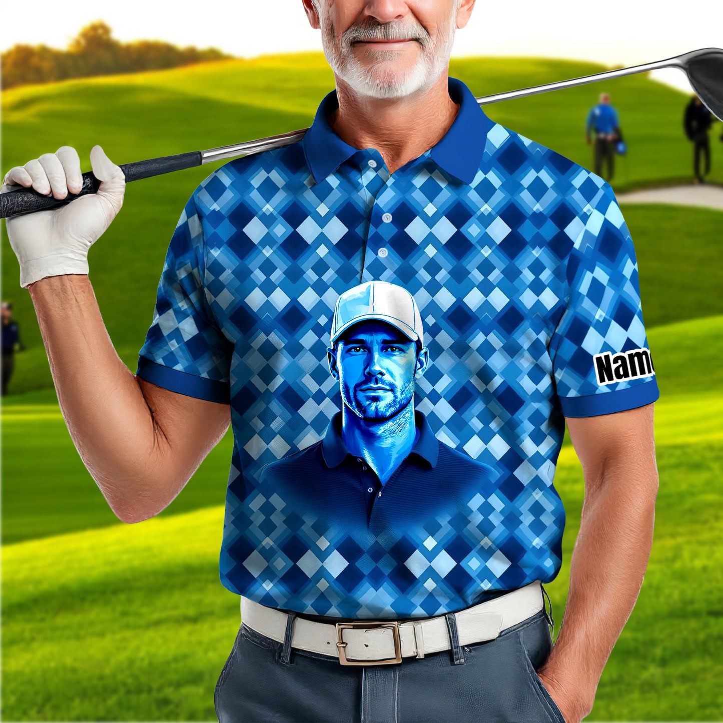 Custom Face Polo Shirt – Geometric Diamond Pattern | Personalized Photo Golf Polo | Unique Gift for Him, Retro Geometric Style Shirt Style 15