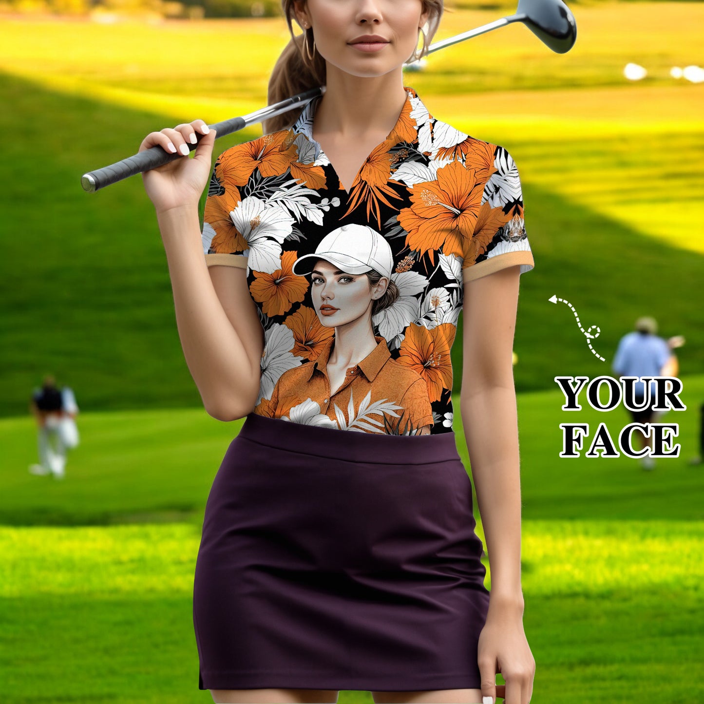Women’s Custom Face Hibiscus Polo Shirt – Personalized Tropical Floral Polo, Unique Gift for Her, Stylish Custom Golf & Casual Wear Style 5