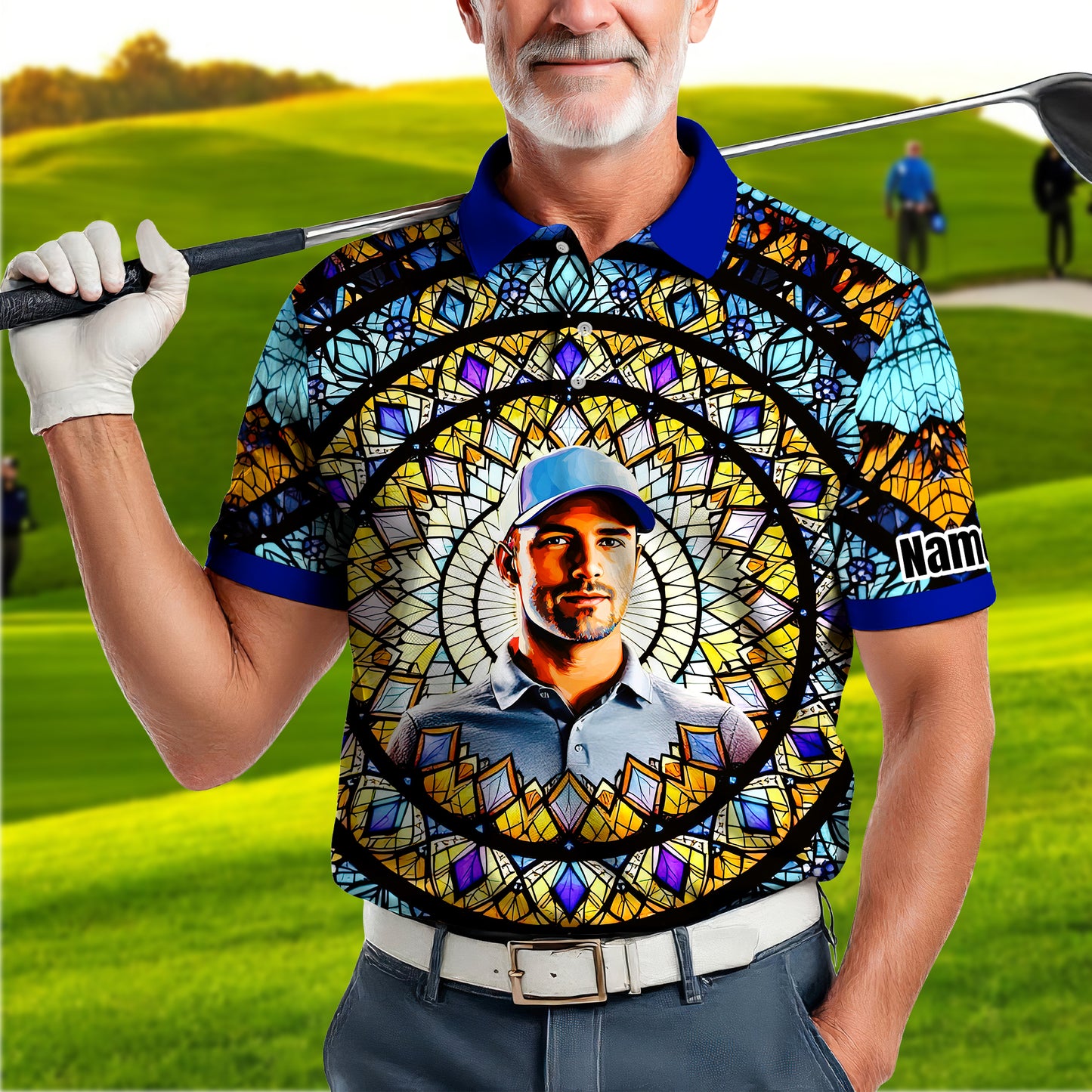 Custom Face Golf Polo Shirt – Personalized Stained Glass Mandala Style Polo, Unique Gift for Men & Women, Vibrant Artistic Golf Shirt, Custom Photo Polo