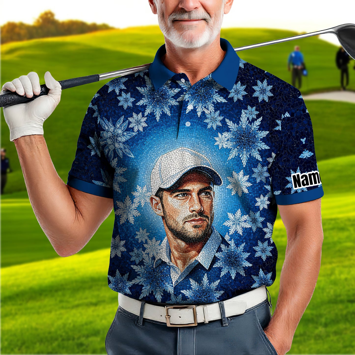 Custom Face Golf Polo Shirt – Personalized Christmas Golf Shirt for Him, Unique Holiday Gift for Golfer, Snowflake Design Golf Apparel Style 10