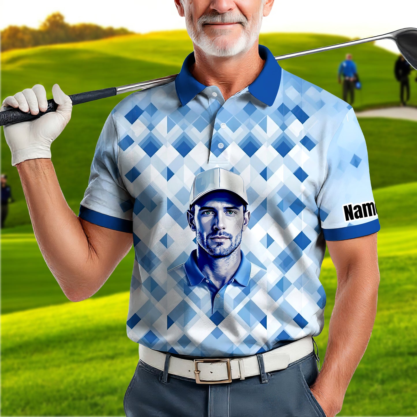 Custom Face Polo Shirt – Geometric Diamond Pattern | Personalized Photo Golf Polo | Unique Gift for Him, Retro Geometric Style Shirt Style 1