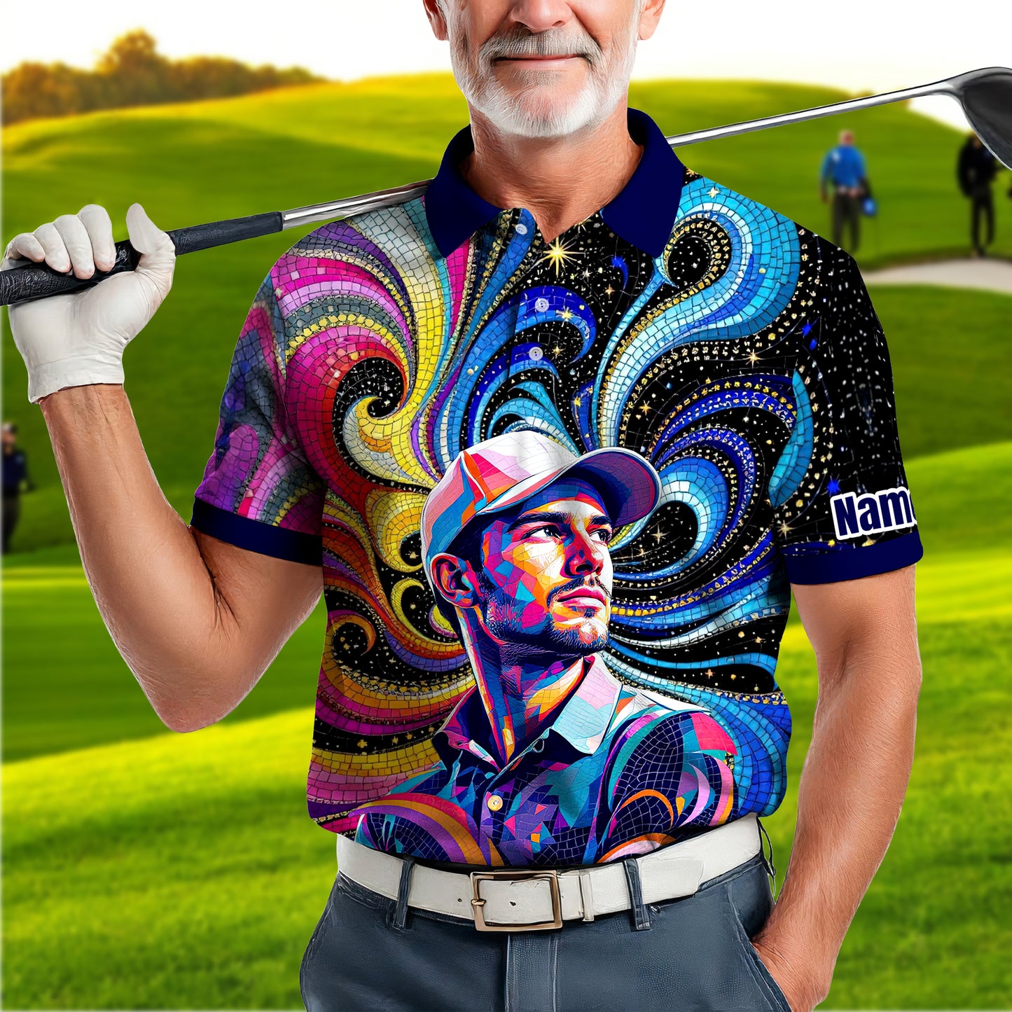 HomyGifts Men's Customized Face Artistic Golf Polo Shirt, Mosaic Art Style, Unique Personalized Golf Polo For Men