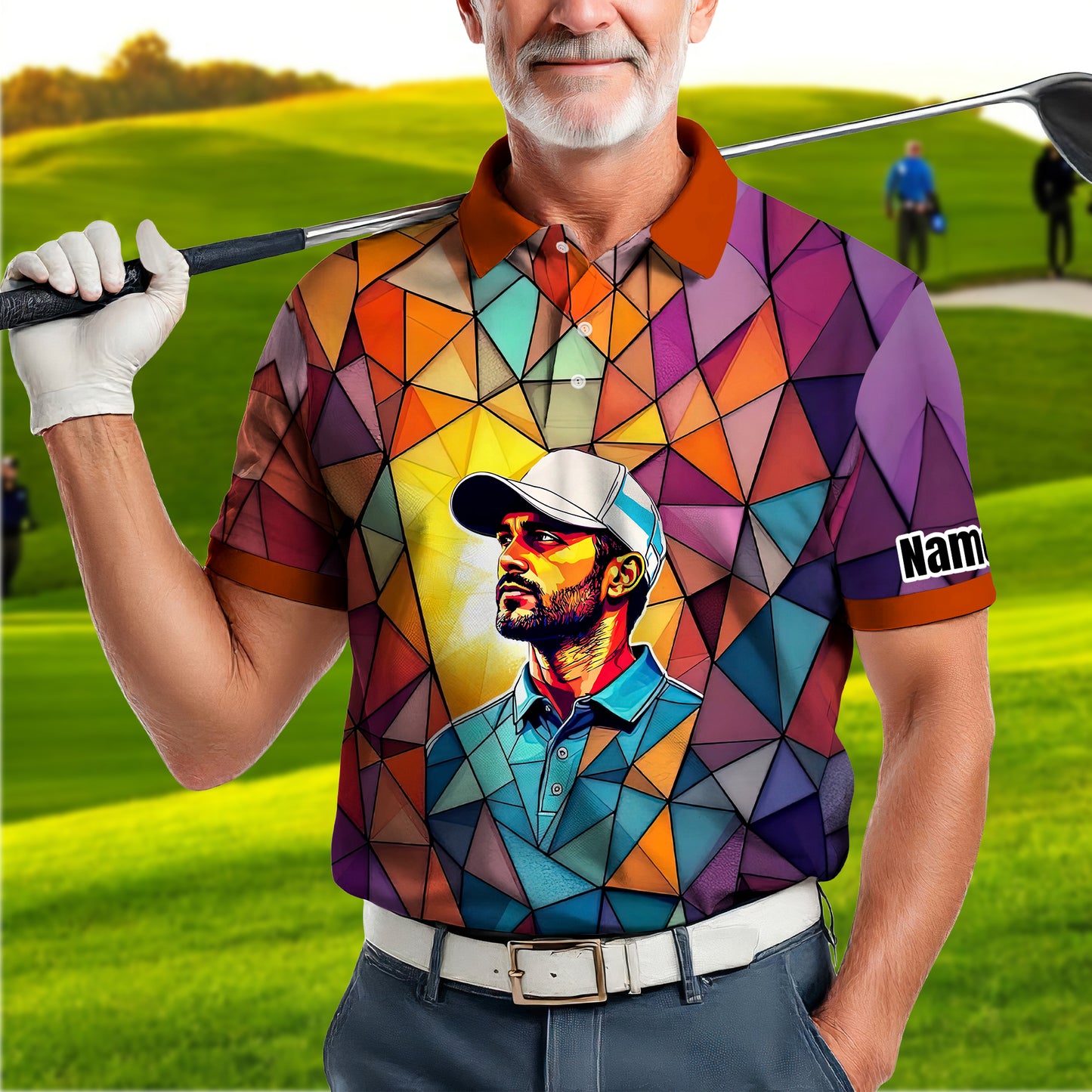Angular Geometric Glass Pattern Custom Face Polo — Stained-Glass Mosaic Print, Personalized Sublimation Golf Shirt, Vibrant Geometric Portrait Tee