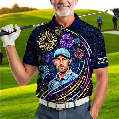 Custom Face Golf Polo Shirt – New Year Fireworks Edition | Personalized Golf Polo | Unique Holiday Gift for Him 2025 Style 4