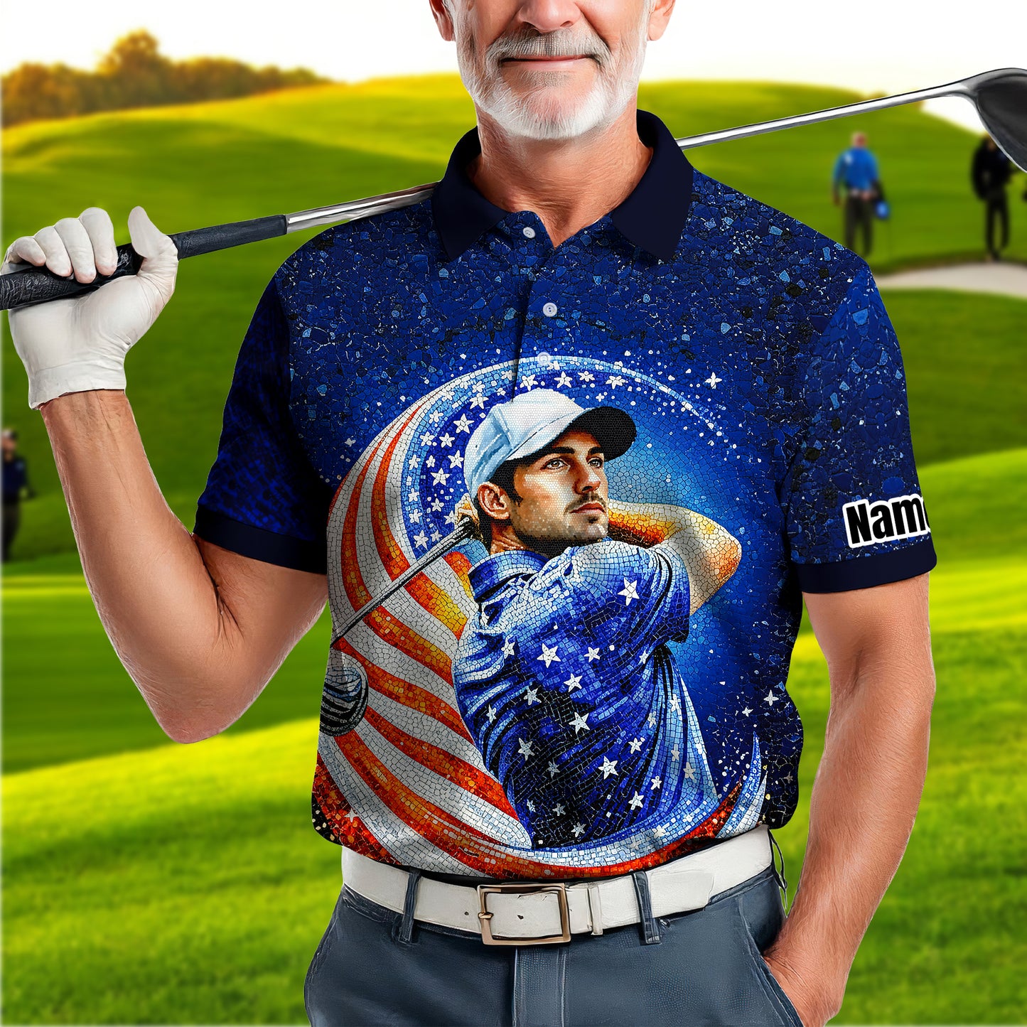 Custom Face Patriotic Golf Polo Shirt – Personalized USA Flag Design – American Pride Gift for Him – Mosaic Art Golf Shirt Style 11