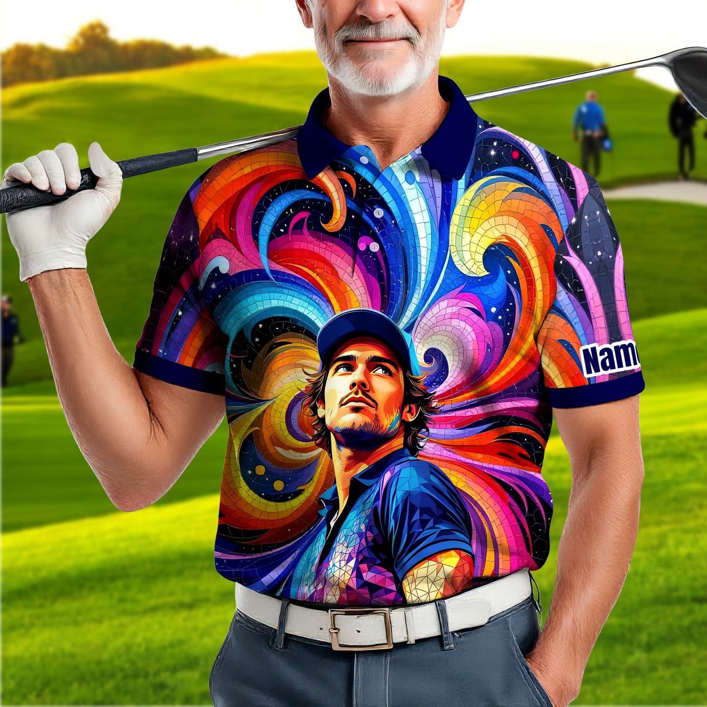 HomyGifts Men's Customized Face Artistic Golf Polo Shirt, Mosaic Art Style, Unique Personalized Golf Polo For Men