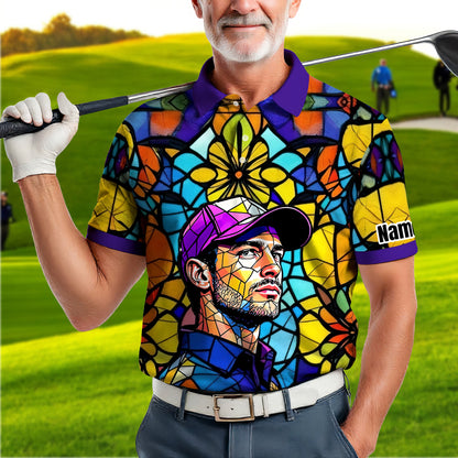 Custom Face Golf Polo Shirt – Personalized Stained Glass Art Shirt, Unique Golf Gift for Him, Colorful Abstract Golf Polo, Custom Sportswear