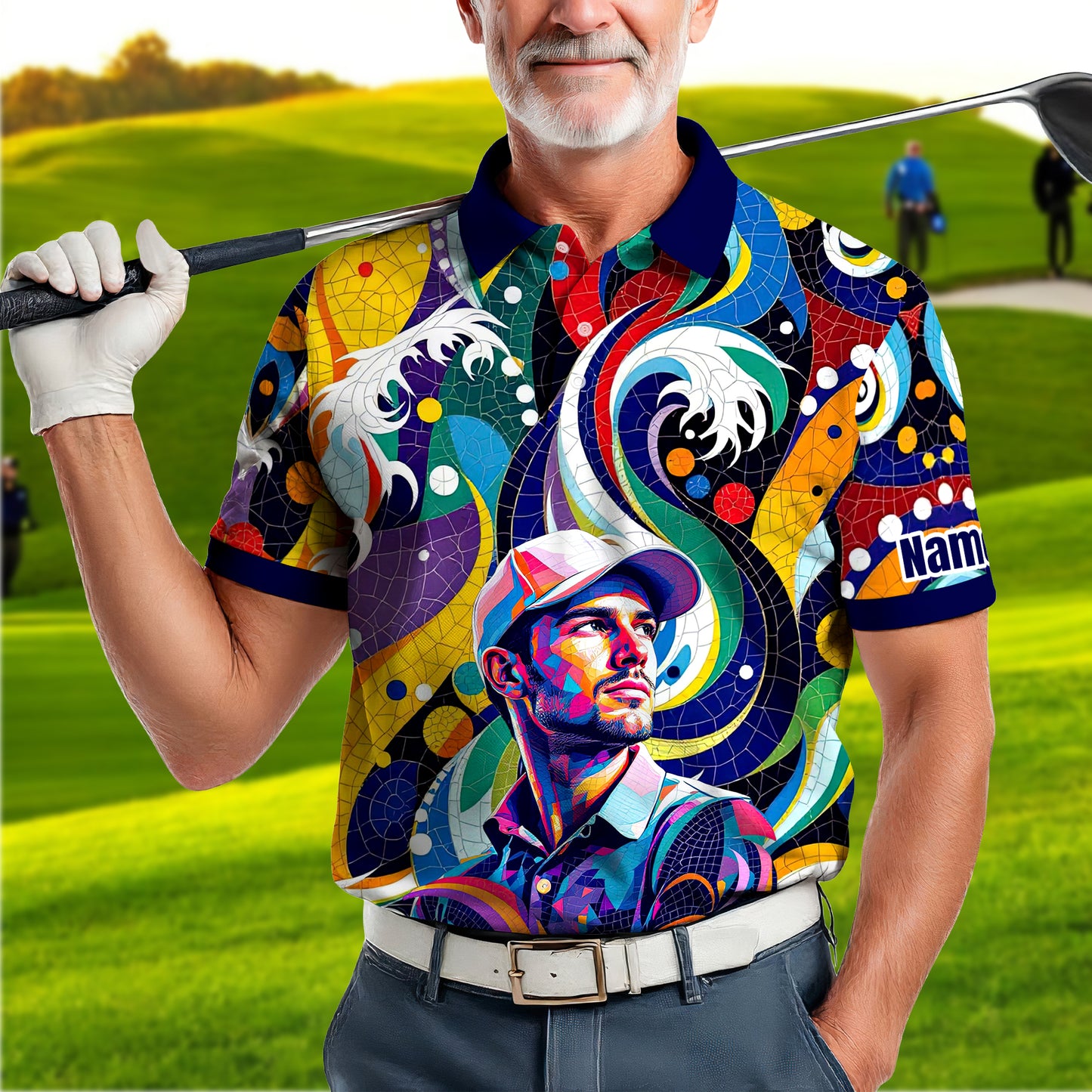 HomyGifts Men's Customized Face Artistic Golf Polo Shirt, Mosaic Art Style, Unique Personalized Golf Polo For Men Style 9