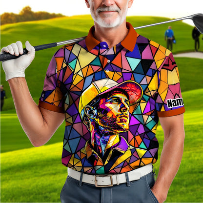 HomyGifts Men's Customized Face Artistic Golf Polo Shirt, Angular Geometric Glass Pattern, Stained-Glass Mosaic Print, Personalized Sublimation Golf Shirt, Vibrant Geometric Portrait Tee
