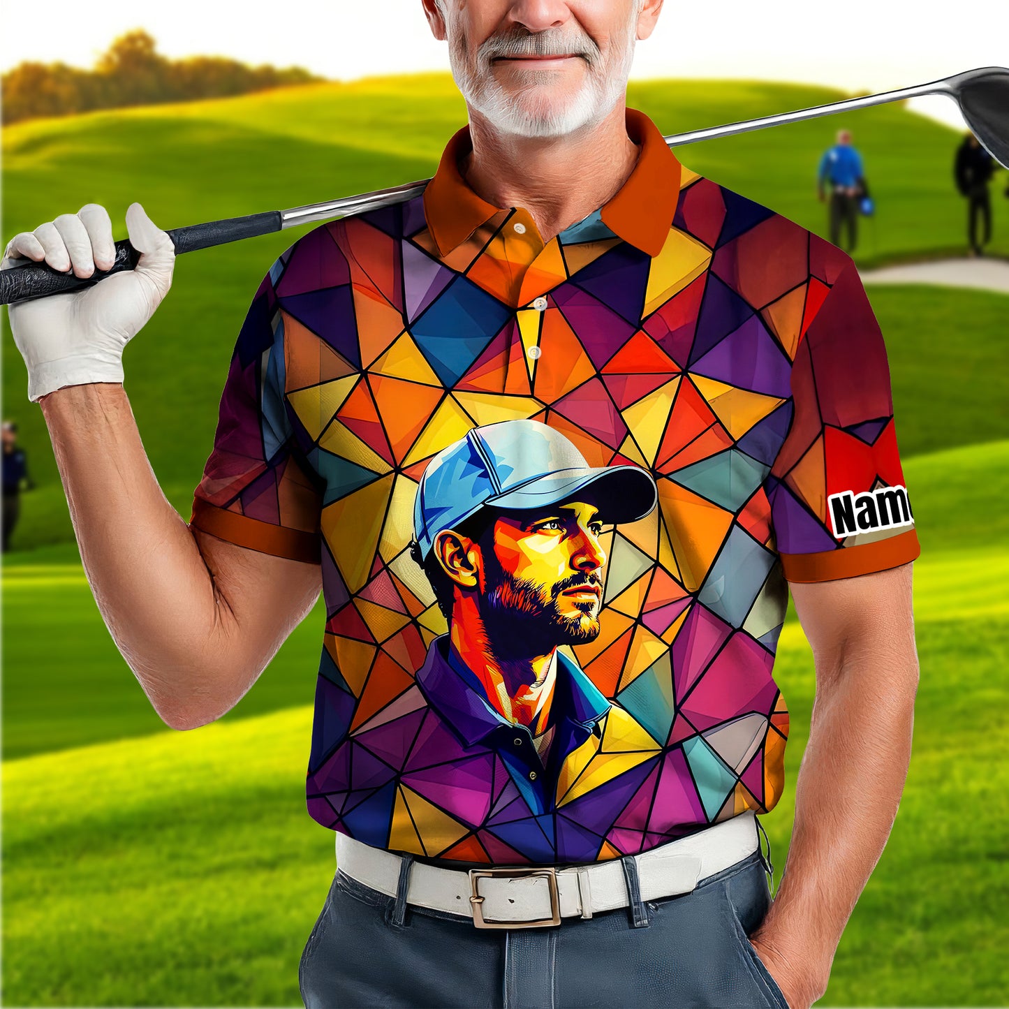 Angular Geometric Glass Pattern Custom Face Polo — Stained-Glass Mosaic Print, Personalized Sublimation Golf Shirt, Vibrant Geometric Portrait Tee