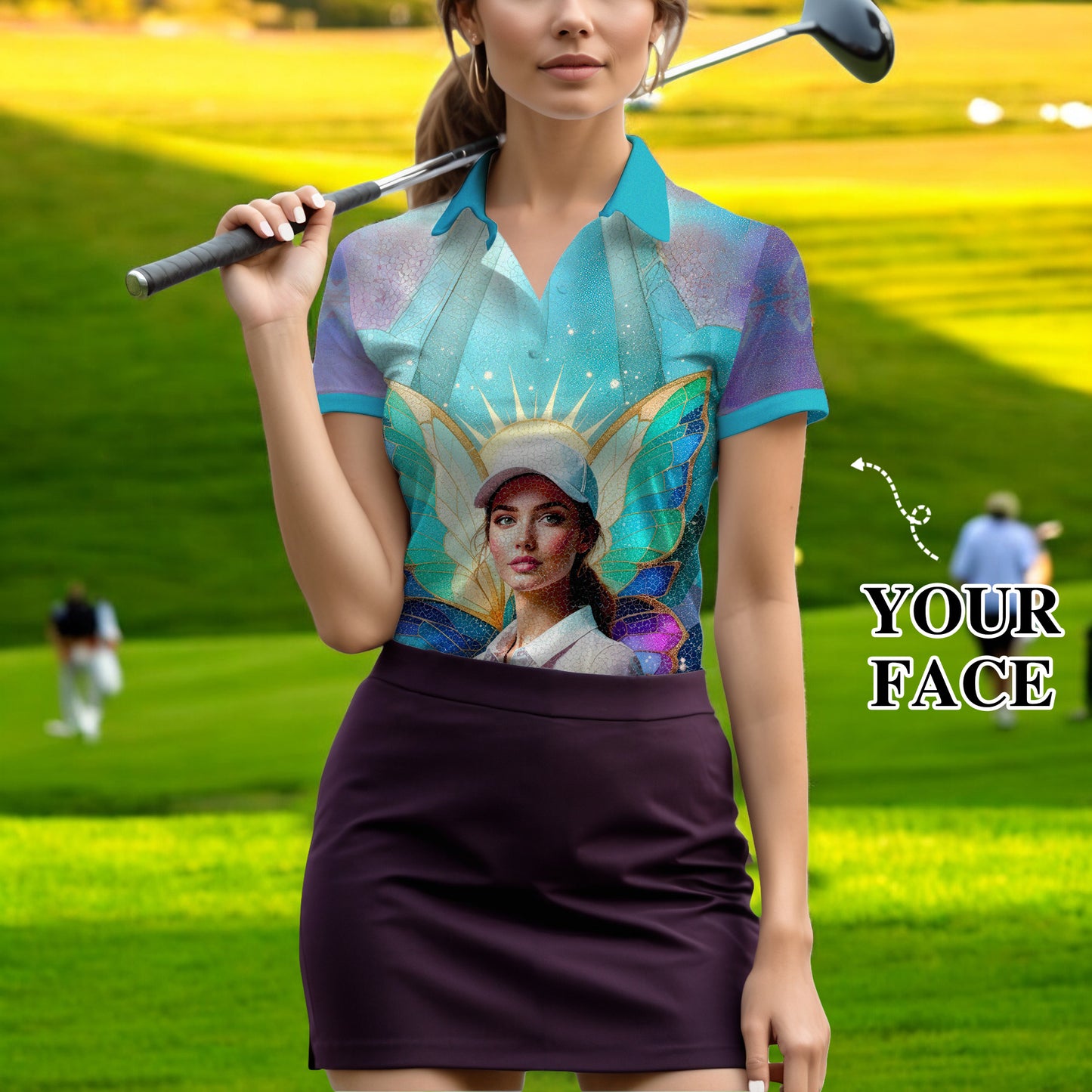 Custom Face Women’s Golf Polo Shirt – Spring Butterfly Mirage Art | Personalized Floral Fantasy Sports Shirt for Golfers Style 3