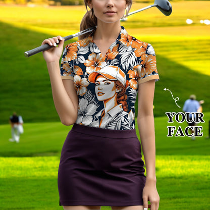 Women’s Custom Face Hibiscus Polo Shirt – Personalized Tropical Floral Polo, Unique Gift for Her, Stylish Custom Golf & Casual Wear Style 7