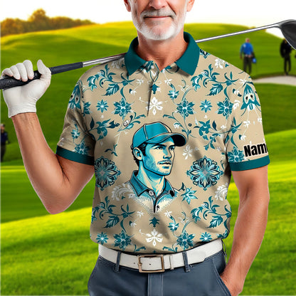 Custom Retro Pattern Art Polo Shirt – Personalized Face & Name | Vintage Floral Pattern Collared Shirt for Men Style 6