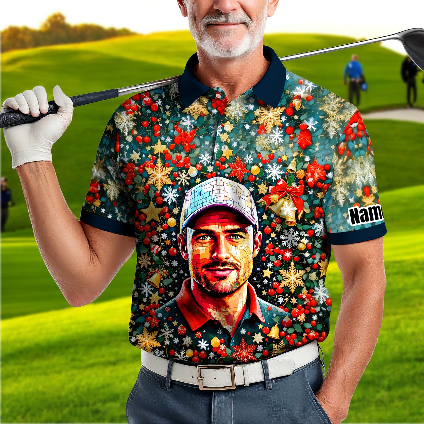 Personalized Christmas Golf Polo Shirt with Your Face – Custom Photo Holiday Shirt – Unique Mosaic Art Xmas Gift for Men, Custom Golf Apparel Style 8